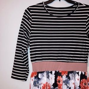 STRIPE BLACK FLORAL CURVED HEM MIDI DRESS WITH PINK BAND, sz MEDIUM